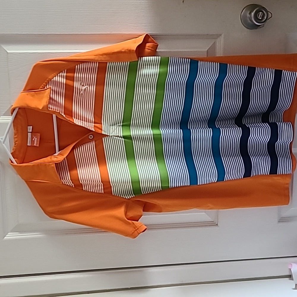 Puma Men's Polo Shirt with Orange, Green, and Blue Stripes